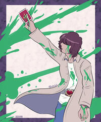 Hajime Fanart of Hajime from Kamen Rider Blade. He is holding one of the rouse cards in his hand towards the sky, his coat blowing in the wind. There is green blood splattered all across the background, his skin, face, and clothing. Green blood drips off both his